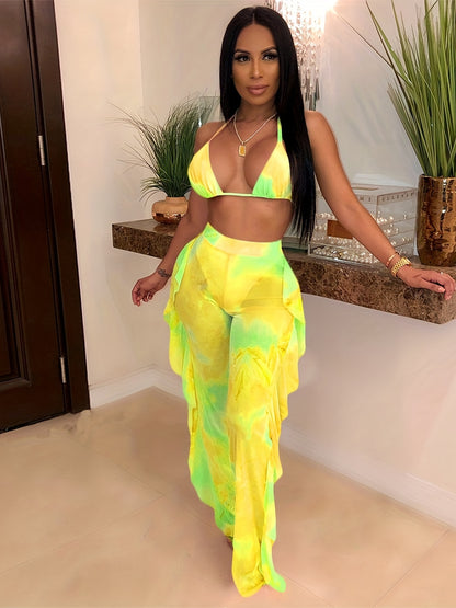 Sexy Tie Dye Matching Two-piece Set, Crop Halter Top & Fringe Hem Pants Outfits, Women's Clothing