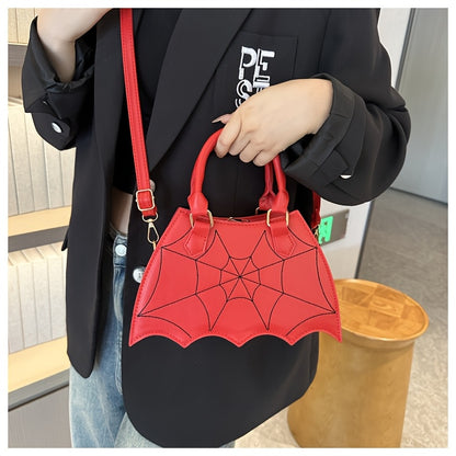 Halloween Women'S Bat Wing Spider Web Handbag - Lightweight Synthetic Faux Leather Tote with Geometric Spider Web Design, Zipper Closure & Detachable Strap, Gothic Style for Daily Use or Party Outfits, Durable Polyester Linin
