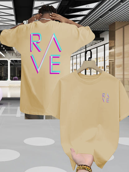 Men'S Summer Casual RAVE Graphic T-Shirt - Black with Pink & White Neon Print, Short Sleeve, Round Neck, Lightweight Polyester Blend, Perfect for Casual Attire, Everyday Tshirt | Round Neck Shirt | Comfortable Fit