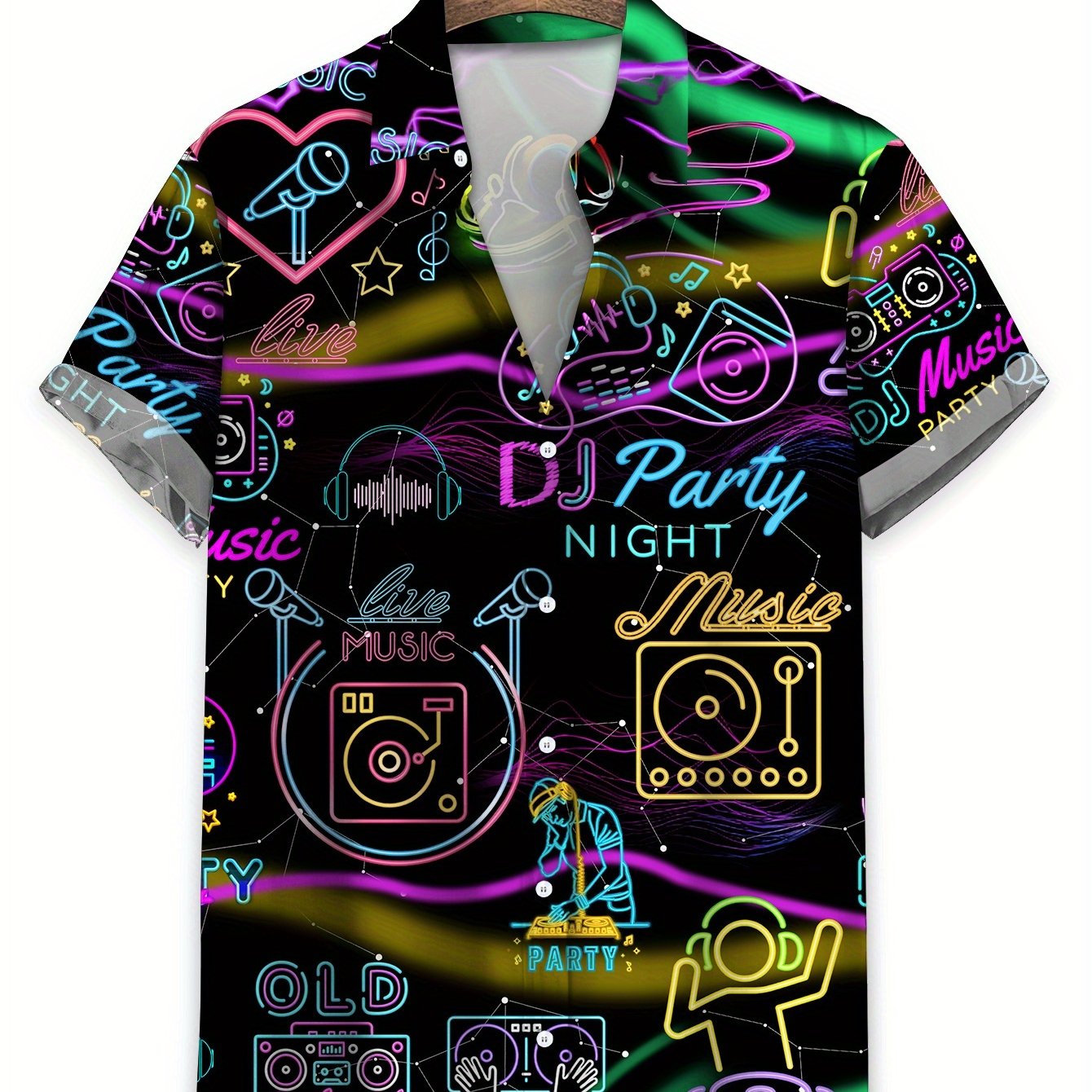 Men's Casual Short Sleeve Hawaiian Shirt - Neon Music Party Graphic T-Shirt with DJ Turntable & Music Note Print, Vibrant Polyester Fabric for Summer Vacation, Club Nights & Casual Outings, Hawaiian Theme Party, Retro Graphic