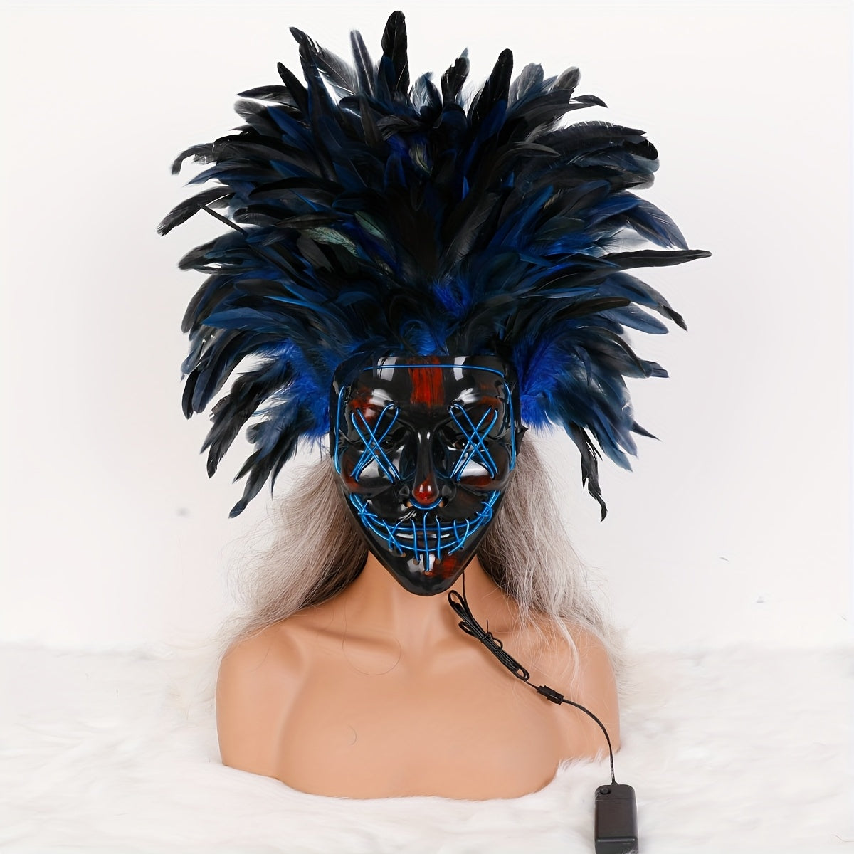 Halloween V-face horror LED luminous mask simulation feather mask EL cold light dress up props party atmosphere supplies