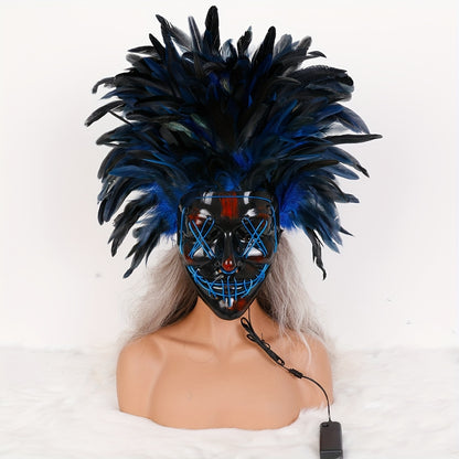 Halloween V-face horror LED luminous mask simulation feather mask EL cold light dress up props party atmosphere supplies
