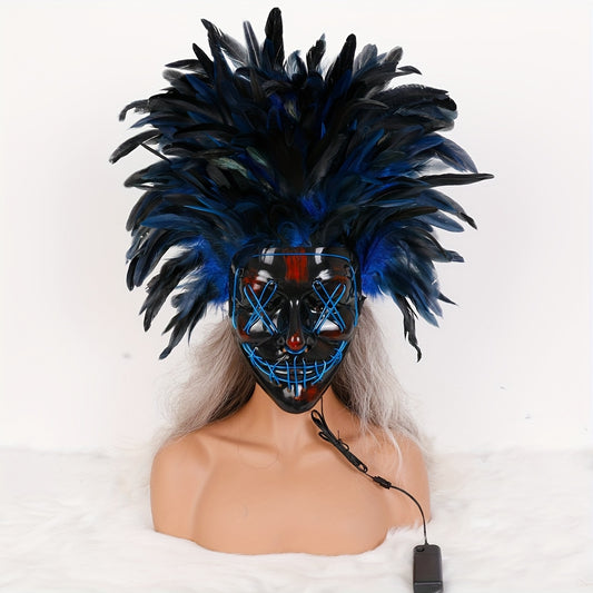 Halloween V-face horror LED luminous mask simulation feather mask EL cold light dress up props party atmosphere supplies