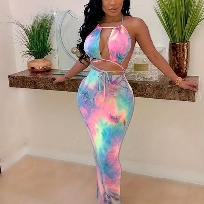 Women's Sexy Elegant Tie-Dye Print Halter Neck Bodycon Dress with Slit Detail - Long Sleeveless Machine Washable All-Season Party & Casual Outfit, Versatile Fashion, Sleek Fit Fabric, Sophisticated Craftsmanship