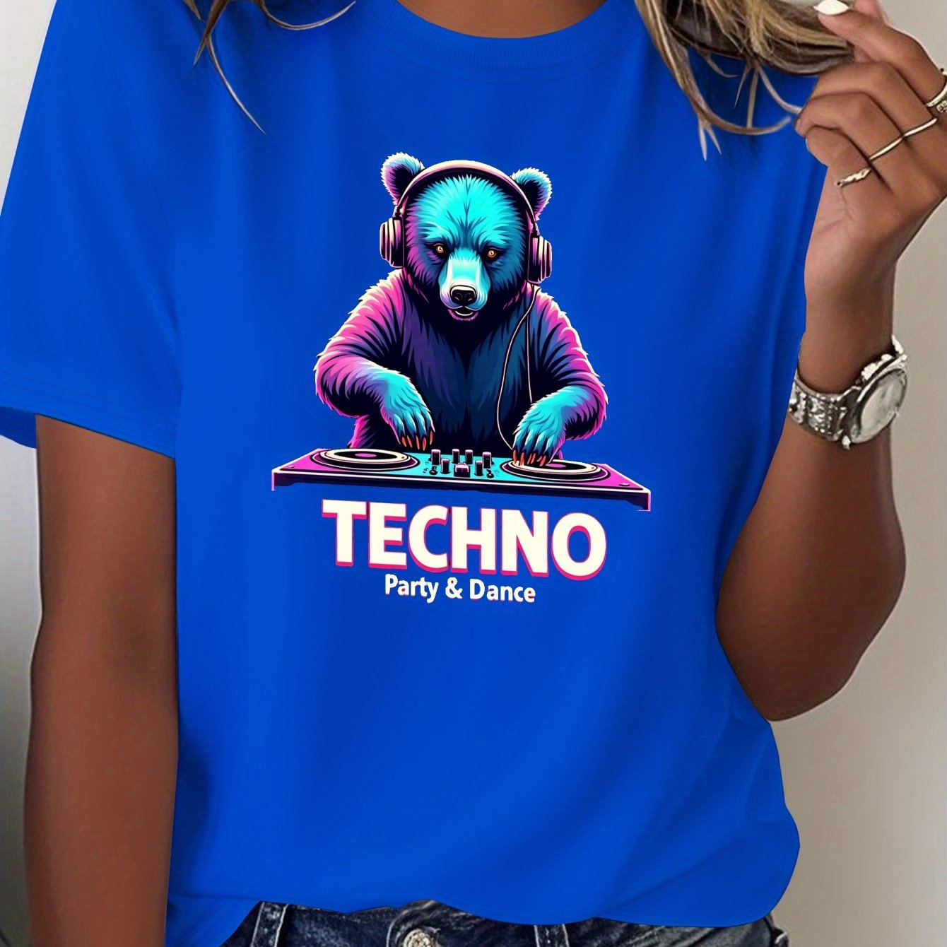 Women's Techno Party Bear DJ Graphic T-Shirt - Dark Grey with Neon Accents - Soft Everyday Tee for Clubbing, Raves & Casual Outfits - Machine Washable Party Shirt, Disco Party Outfit, Rave Clothing, Vibrant Print, Comfortable