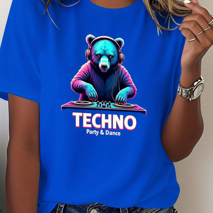 Women's Techno Party Bear DJ Graphic T-Shirt - Dark Grey with Neon Accents - Soft Everyday Tee for Clubbing, Raves & Casual Outfits - Machine Washable Party Shirt, Disco Party Outfit, Rave Clothing, Vibrant Print, Comfortable