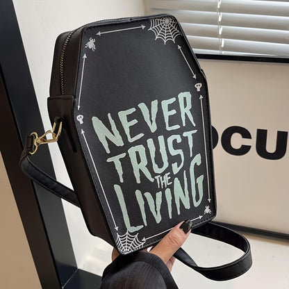 1pc Halloween Coffin-Shaped Fashion Shoulder Bag for Women, Sexy Gothic Faux Leather Crossbody Purse with "Never Trust The Living" Print, Zip Closure, Polyester Lining, and Edge Detailing
