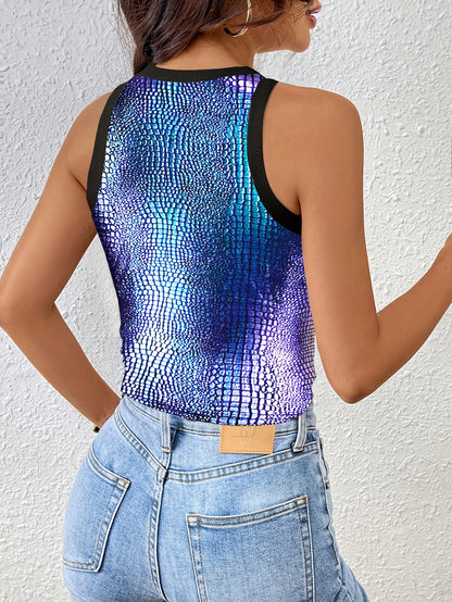 Women's Elegant Sequin Color Block Tank Top with Crisscross Front Hem Straps - Stretchy Round Neck Sleeveless Summer Top for Casual & Dressy Outfits, Ladies Tank Tops, Versatile Fashion, Nontransparent Fabric