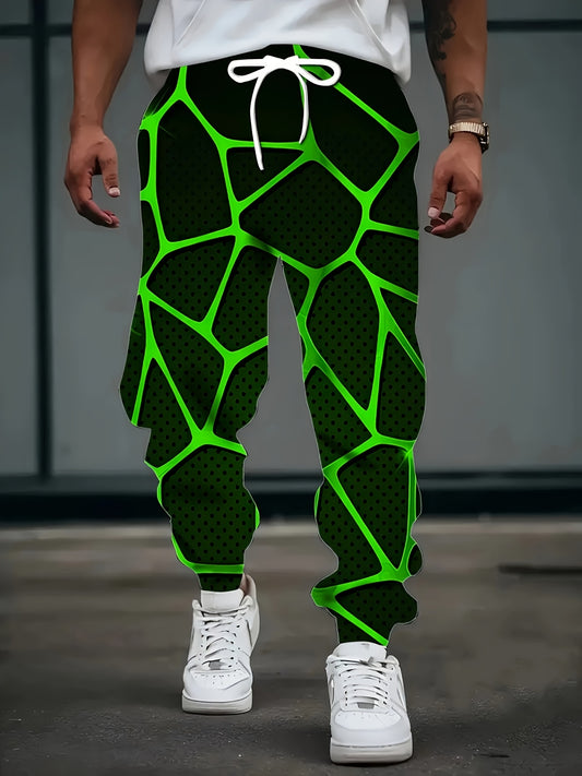 Men'S 3D Geometric Abstract Print Joggers with Drawstring Waist & Pockets - Vibrant Neon Green & Black Design, Comfortable Casual Sweatpants for Home & Leisure, Jogging Pants, Leisure Wear, Modern Streetwear, Durable Fabric