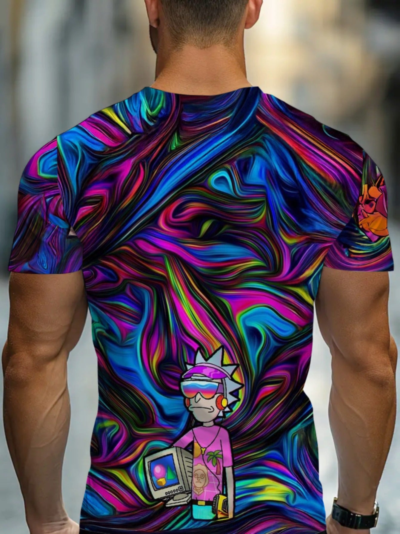 Men's Graphic T-Shirt - Bold Psychedelic Tee with Neon Swirls in Blue, Pink, Purple, Green, Orange, Black - Regular Fit Casual Shirt for Festival Outfits, Casual Attire - Machine Washable Statement Top, Streetwear Style, Geom