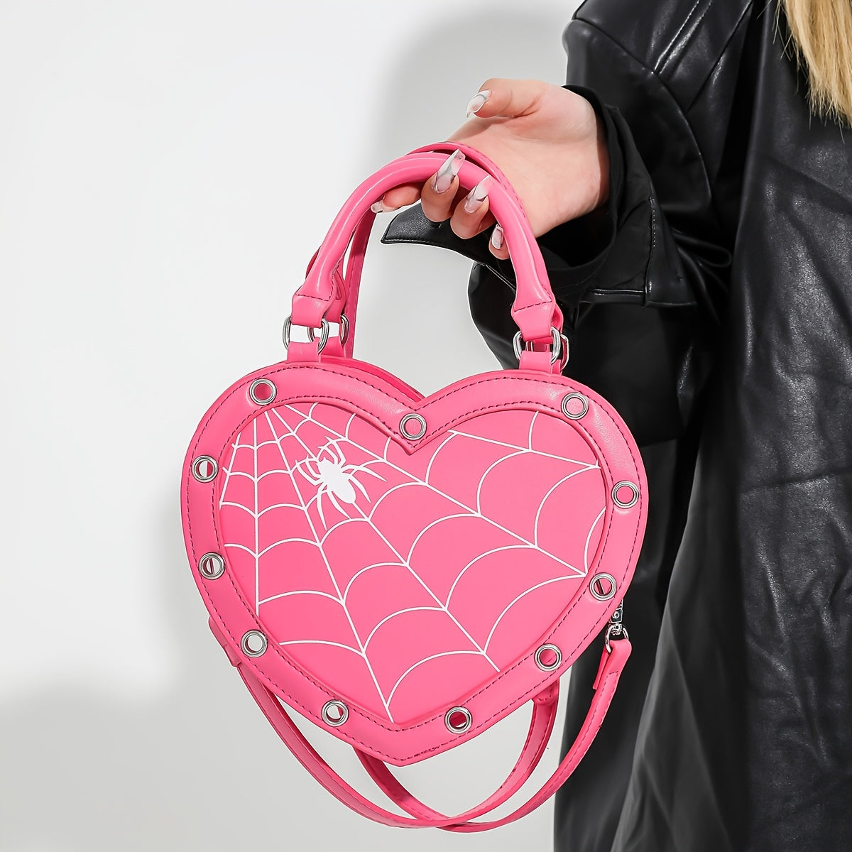 Spider Web Print Heart-Shaped Crossbody Bag for Women - Adjustable Detachable Strap, Zipper Closure, Gothic Handbag in Pink/Black, Y2K Rock Punk Style for Halloween, Music Festivals & Role Play, Spiderweb Purse, Halloween Acc