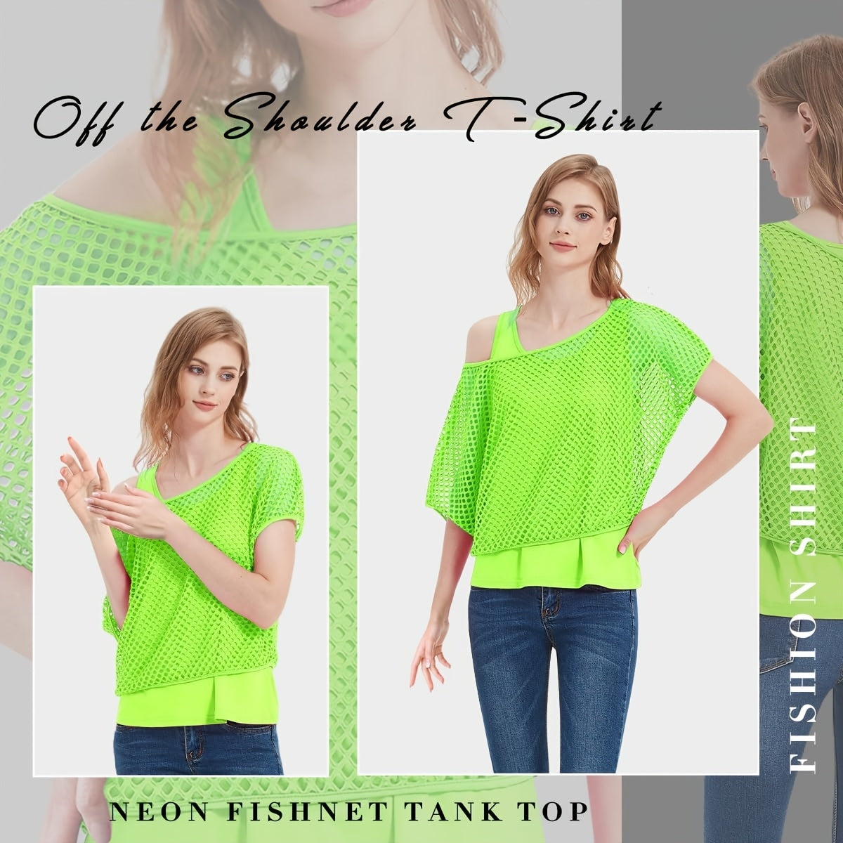 Two-Piece Set Women's Casual Sexy Neon '80s Vacation Tank Top + Fishnet Off-Shoulder T-Shirt