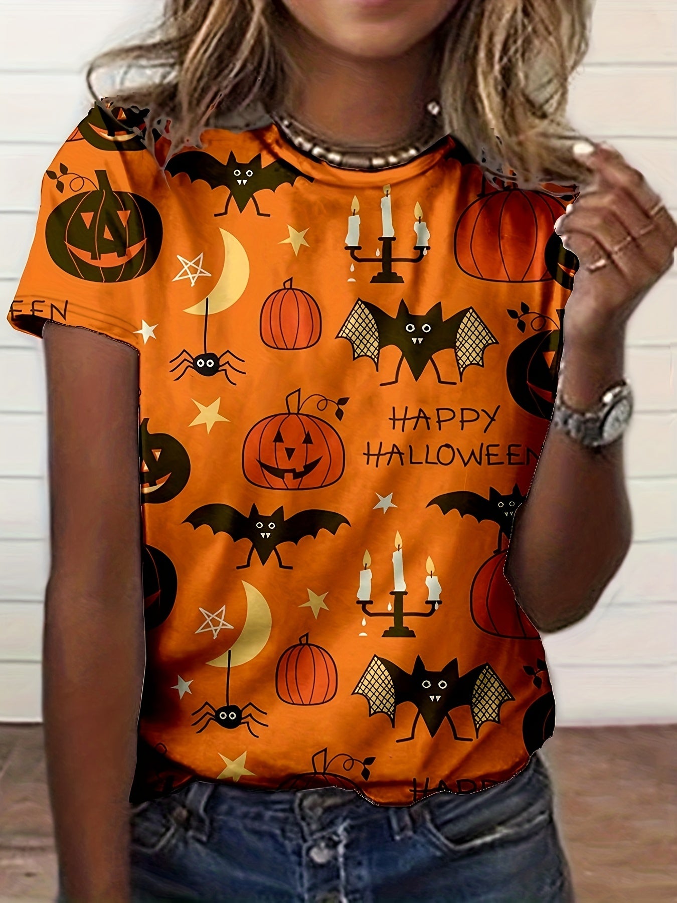 Women's Halloween Graphic T-Shirt - 3D Digital Print Spooky Pumpkin Bat Design, Casual Short Sleeve Round Neck Summer Top, Machine Washable Regular Fit for Halloween Party & Casual Attire, Festive Event Clothing, Durable Prin
