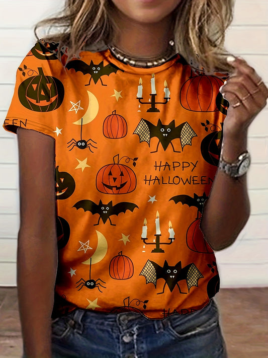 Women's Halloween Graphic T-Shirt - 3D Digital Print Spooky Pumpkin Bat Design, Casual Short Sleeve Round Neck Summer Top, Machine Washable Regular Fit for Halloween Party & Casual Attire, Festive Event Clothing, Durable Prin