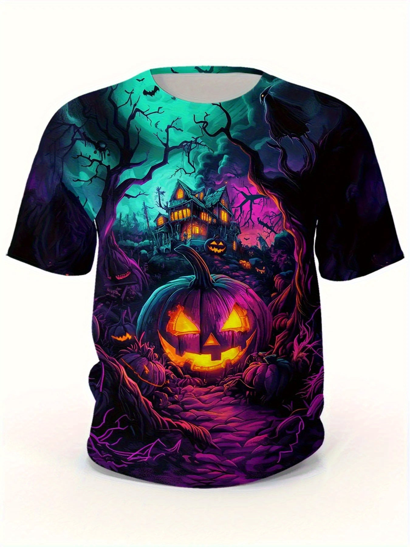[Halloween Tee] Lightweight Breathable Halloween Tee - Men's Plus Size Big & Tall Friendly T-Shirt with Jack-O'-Lantern, Pumpkin, Haunted House Graphic - Purple, Green, Orange, Black Spooky Colors - Machine Washable Costume T