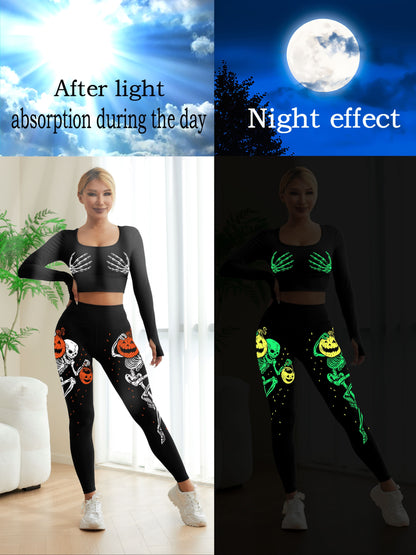 Women's High-Waist Yoga 2pcs Set, Halloween Skull Pumpkin Glow-in-the-Dark U-Neck Bra and Long Sleeve Top, High-Waist Stretchy Black Leggings with Printed Skeleton & Fluorescent Pumpkin Design, Women's Casual Sportswear Pants