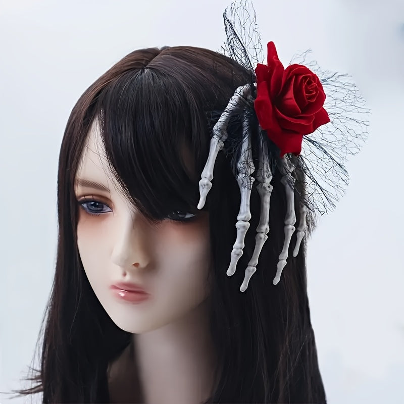 [Gothic Skull Hair Clip] 1pc Vintage-Style Gothic Skull Hair Clip with Faux Roses And Lace | Fashionable Side Hairpin for Spooky Vibe, Perfect for Parties And Everyday Wear