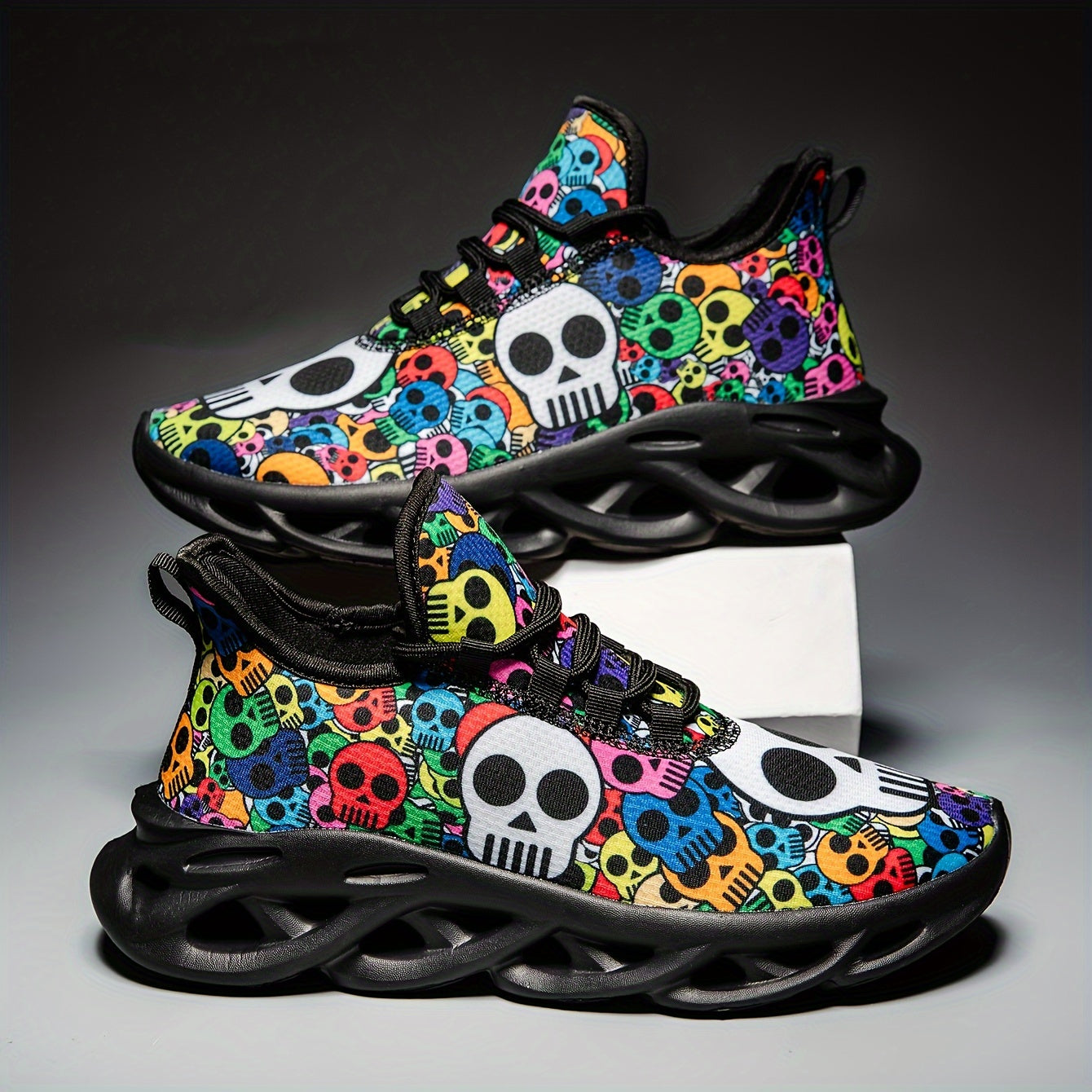 Stylish Skull Print Sneakers - Ultra-Breathable, Shock-Absorbing, Lightweight Running Shoes with EVA Insole for All-Season Comfort - Halloween-Inspired, Casual, Lace-up Athletic Footwear for Men