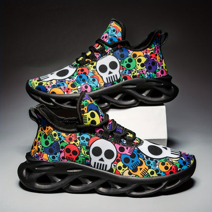 Stylish Skull Print Sneakers - Ultra-Breathable, Shock-Absorbing, Lightweight Running Shoes with EVA Insole for All-Season Comfort - Halloween-Inspired, Casual, Lace-up Athletic Footwear for Men