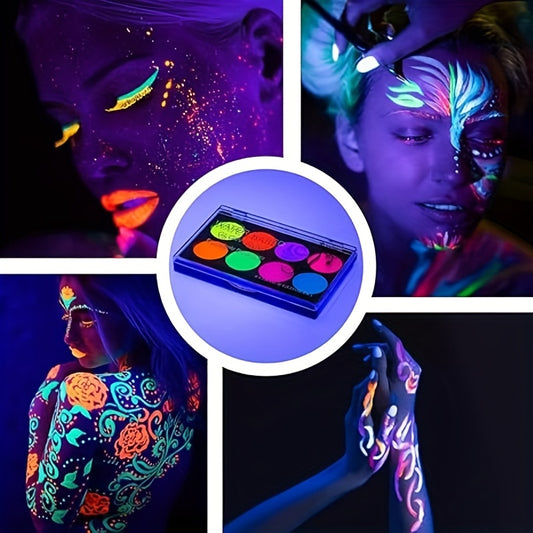 8 Colors Neon Glow in the Dark Face & Body Paint Set - Water Activated, Easy to Apply Paste for Vibrant, Fun & Creative Makeup Looks at Parties, Halloween, and Music Festivals, Party Makeup | Vibrant Neon Makeup | Easy Applic
