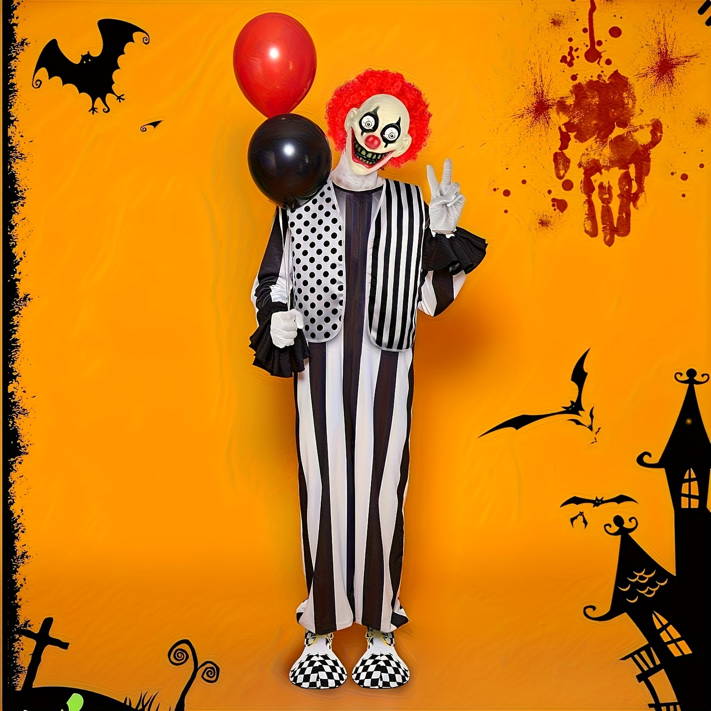 [6pcs Scary Clown Set] 6pcs Scary Clown Costume Accessories Set for Adult - Halloween Wig, Mask, Bloody Machete Prop, Gloves, Striped Vest & Shoes | Scary Circus Outfit Party Props