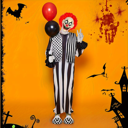[6pcs Scary Clown Set] 6pcs Scary Clown Costume Accessories Set for Adult - Halloween Wig, Mask, Bloody Machete Prop, Gloves, Striped Vest & Shoes | Scary Circus Outfit Party Props