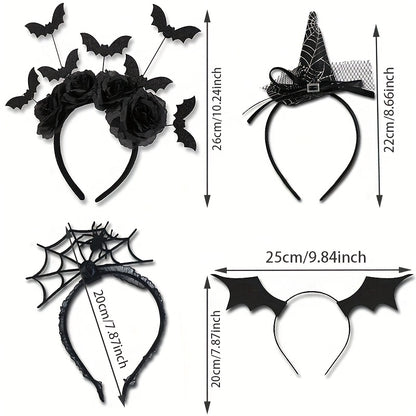 [Funny Halloween Headbands] 4pcs Halloween Party Funny Headbands | Lace Spider Web, 3D Hats, Horns, Bat Decorated Haunted Night Prankster Spider Accessories