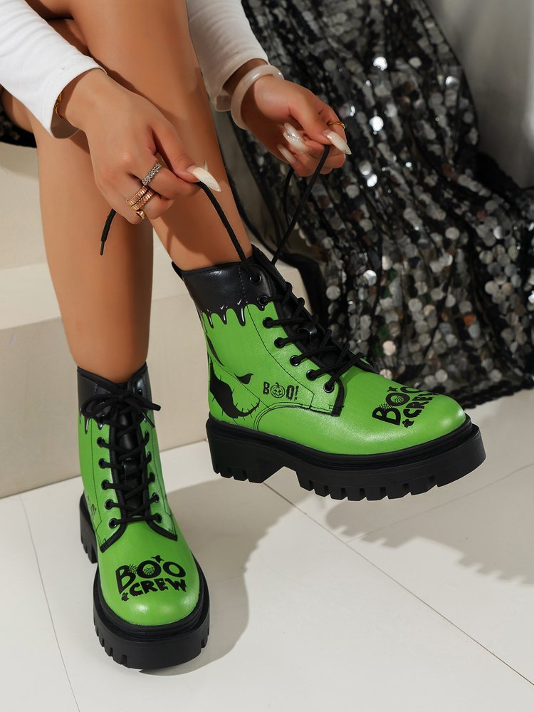 Trendy Plus Size Women's Halloween Print Lace-Up Boots - Thick Low Heel Round Toe PU Cover Short Boots with Rubber Sole, All-Season Comfort for Casual & Festive Occasions
