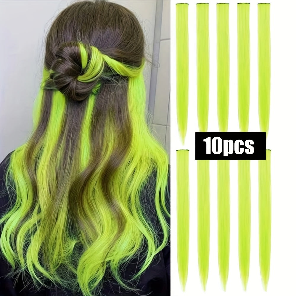 10pcs Glowing Clip-In Synthetic Hair Extensions 20-Inch Colorful Neon Glow-in-the-Dark Wigs, Easy-to-Wear Clip Design, Smooth Soft Texture, Women'S Daily Fashion Accessory for Halloween New Year Parties
