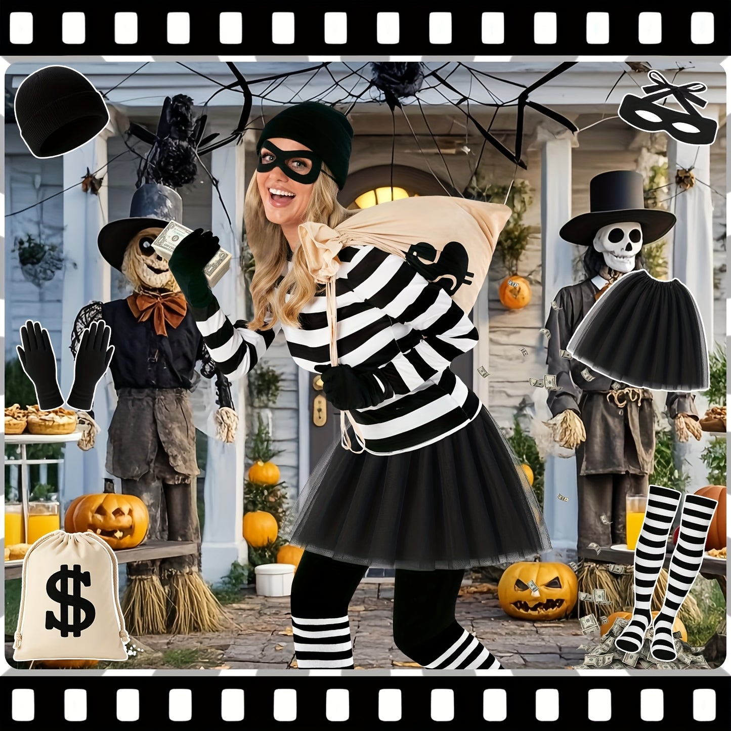 6pcs Women Robber Costume Set - Black Beanie, Gloves, Eye Mask, Striped Socks, Tutu Skirt, Canvas Money Bag for Halloween, Cosplay, and Fancy Dress Parties, Adult Halloween Costume | Playful Accessories | Polyester Fiber, Hal