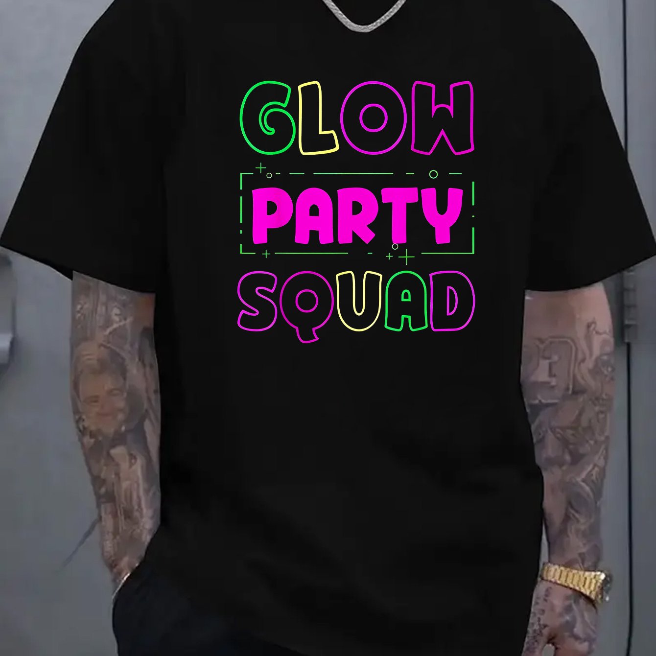 Glow Party Squad Men'S Casual Short Sleeve T-Shirt - Vibrant Neon Green & Orange Print, Breathable Knit Fabric, Round Neck Summer Top for Outdoor Activities & Casual Wear, Glossy Finish Shirt