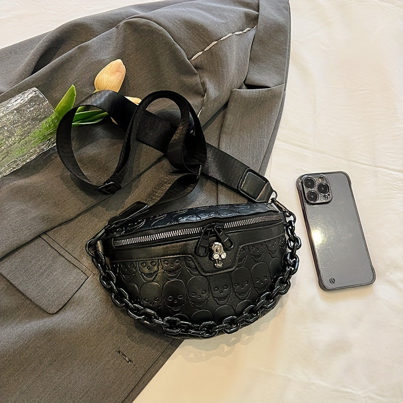 [Skull Crossbody Bag] Skull Embossed Women's Black Crossbody Bag | Versatile Shoulder & Waist Purse with Zipper Closure, Polyester Lining | Perfect for Halloween or Everyday Use, Halloween Accessories