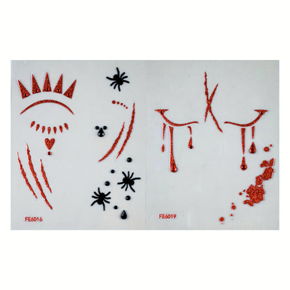 [Realistic Blood Face Stickers] 2 Sheets Red Glitter Blood Face Stickers - Realistic Fake Blood & Wound Effects, Glossy Self-Adhesive Temporary Tattoos for Halloween, Christmas, Themed Parties - Easy Apply, Perfect for Costum