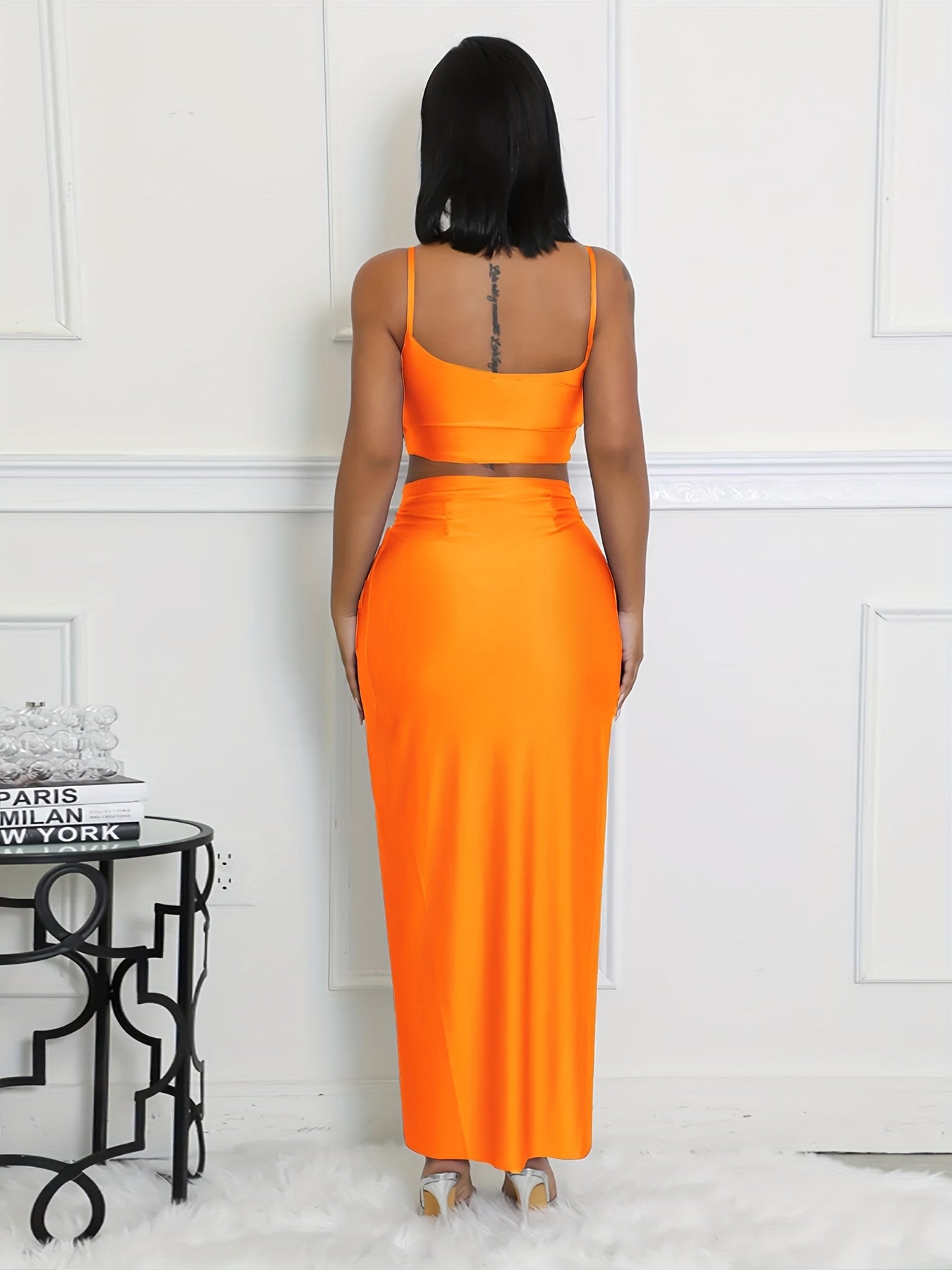 Women'S Sexy High-Slit Maxi Skirt - Solid Color Orange, High-Waisted, Flowing Design, Perfect for Summer & Spring, Versatile Fashion, Cute Skirts, Casual Elegance