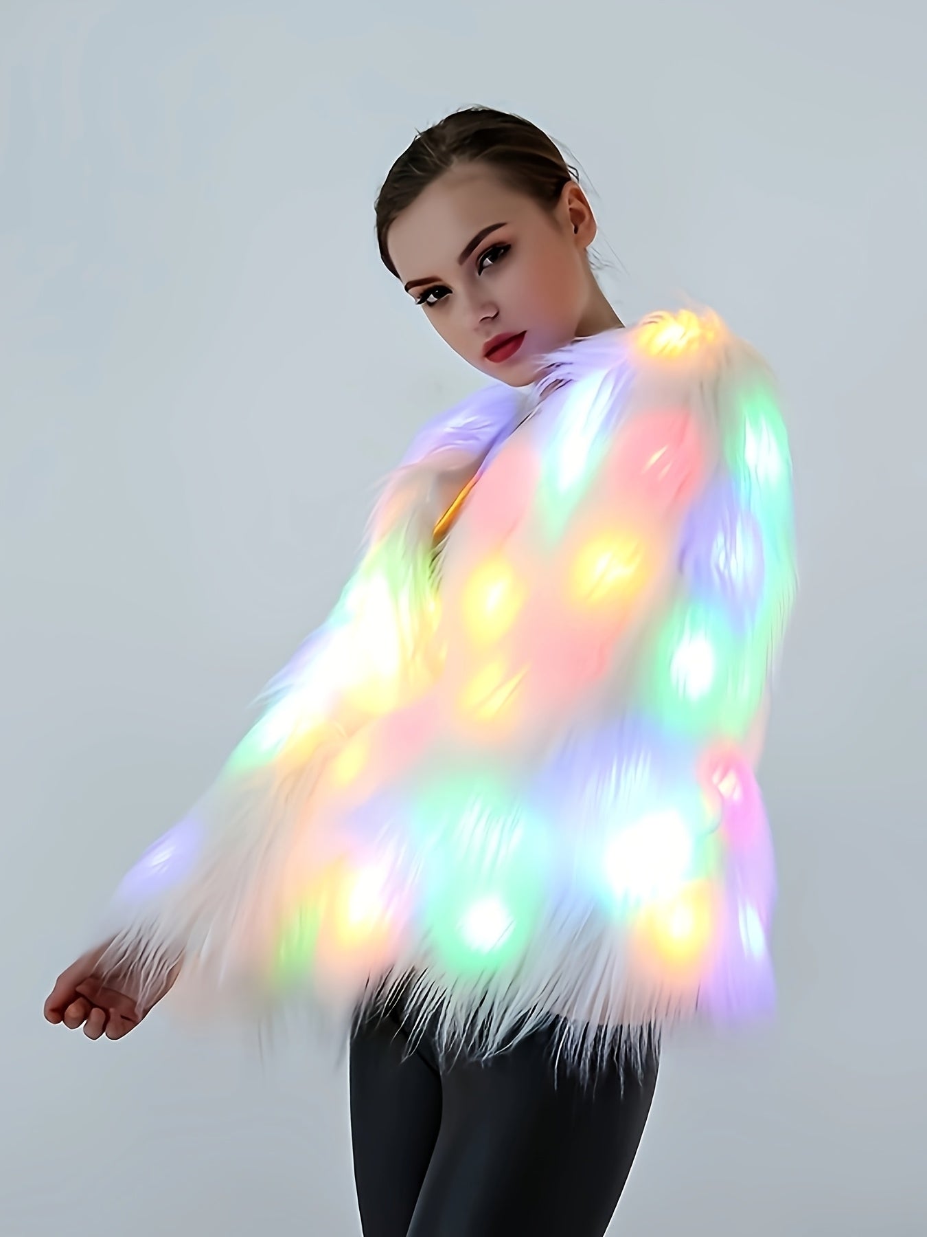 Elegant LED Faux Fur Coat for Women - Fashionable, Night-Lighting, Fall/Winter, Polyester, Non-Stretch, Solid Color, Regular Sleeve, Long Sleeve, No Belt, Pocket, Single Breasted Placket, Weekend Casual, Regular Fit, Adult, A