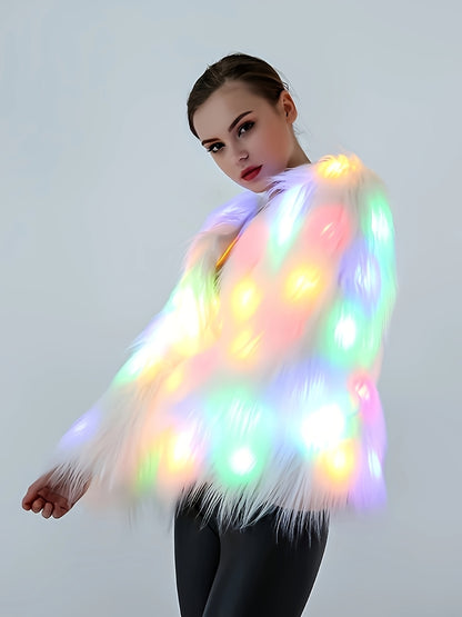 Elegant LED Faux Fur Coat for Women - Fashionable, Night-Lighting, Fall/Winter, Polyester, Non-Stretch, Solid Color, Regular Sleeve, Long Sleeve, No Belt, Pocket, Single Breasted Placket, Weekend Casual, Regular Fit, Adult, A