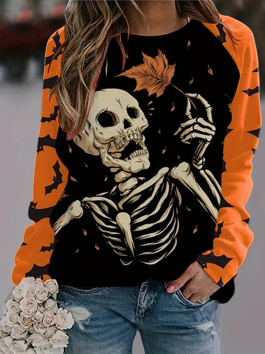 Plus Size Gothic Skeleton Print Sweatshirt - Casual Crew Neck Pullover with Slight Stretch, 100% Polyester Knit Fabric for Spring/Fall, Halloween Pattern Design Women's Top