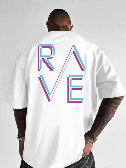 Men'S Casual Loose Fit Crew Neck T-Shirt with "RAVE" Graphic Print - Vibrant Neon Letter Design, Short Sleeve, Summer Essentials, Perfect Gift for Music Lovers, Everyday Tshirt | Vibrant Graphic Tee | Comfortable Fit, PLUS SI