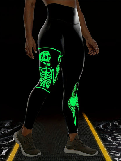 Women'S High-Waisted Stretchy Fitness Leggings with Glow-in-the-Dark Skull Print - Black, Elastic Waistband, Long Length for Running, Yoga & Halloween Party Wear, Yoga Pants, Halloween Leggings, Bold Graphic Pants, Highelasti