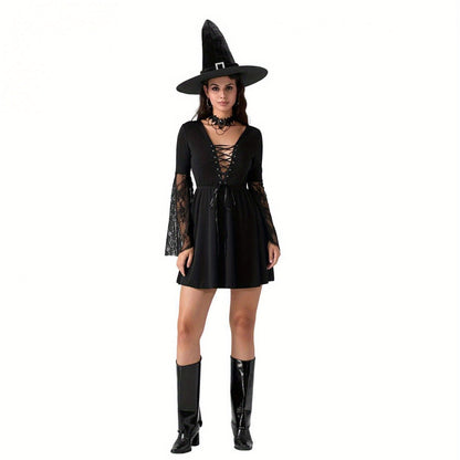 Women'S Halloween Witch Costume - Sexy Gothic party dress with Lace Flare Sleeves, Cross Tie Front, A-Line Silhouette - Elegant Witch Outfit for Halloween, Themed Events, Cosplay - All-Season Formal Attire, Halloween Clothes,