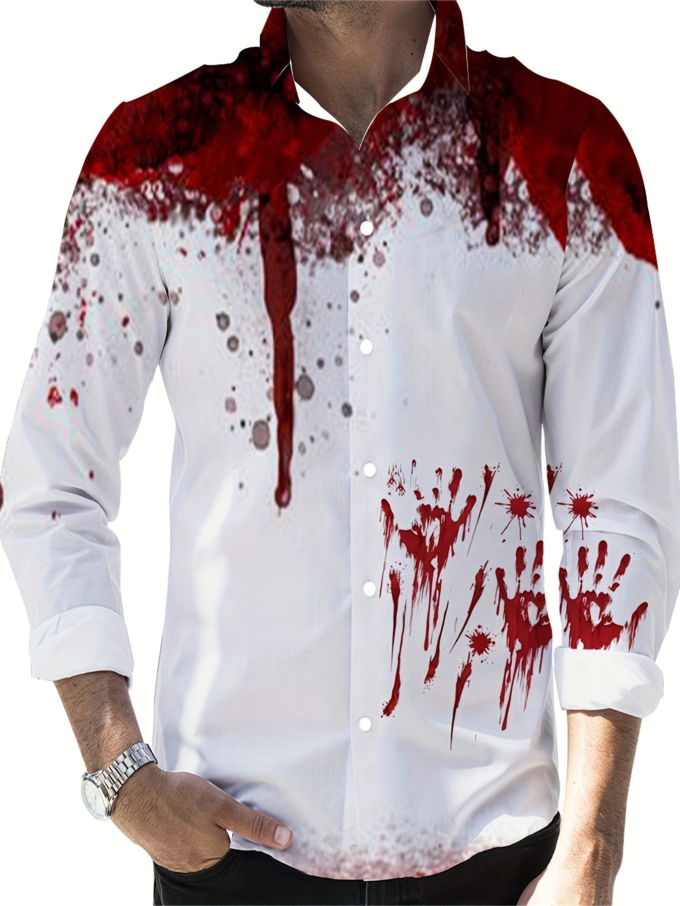 Scary Blood & Handprint Pattern Men's Long Sleeve Lapel Shirt, Men's Halloween Style Clothing For Spring Fall