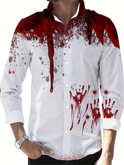 Scary Blood & Handprint Pattern Men's Long Sleeve Lapel Shirt, Men's Halloween Style Clothing For Spring Fall