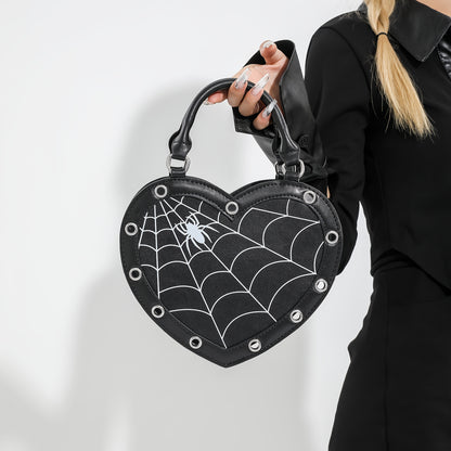 Spider Web Print Heart-Shaped Crossbody Bag for Women - Adjustable Detachable Strap, Zipper Closure, Gothic Handbag in Pink/Black, Y2K Rock Punk Style for Halloween, Music Festivals & Role Play, Spiderweb Purse, Halloween Acc