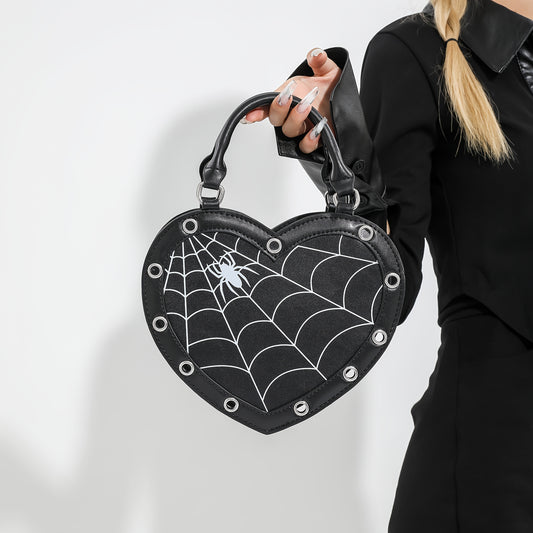 Spider Web Print Heart-Shaped Crossbody Bag for Women - Adjustable Detachable Strap, Zipper Closure, Gothic Handbag in Pink/Black, Y2K Rock Punk Style for Halloween, Music Festivals & Role Play, Spiderweb Purse, Halloween Acc