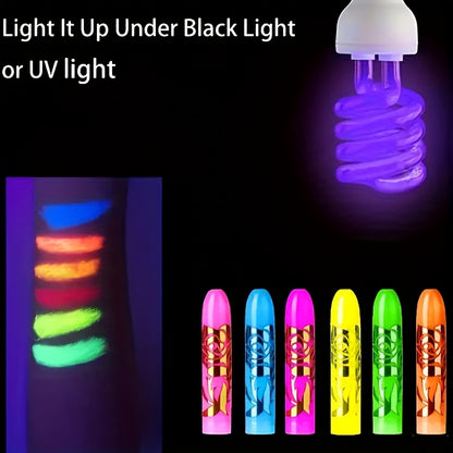 [Neon Face Paint Kit] 6pcs UV Neon Face Body Paint Kit - Glow in The Dark Under Black Light Glow Makeup Kit for Adult - Fluorescent Water-soluble Face Paints Crayons Sticks Markers for Birthday Mardi Gras Party Halloween Masq