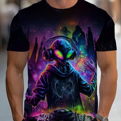 Men's DJ Graphic T-Shirt - Neon Glow Party Tee, Lightweight Club Shirt for Nightlife, Concerts & Casual Outfits - Machine Washable Regular Fit Music Producer Apparel, Music Shirt, Nightclub Clothing, Vibrant Print Tee
