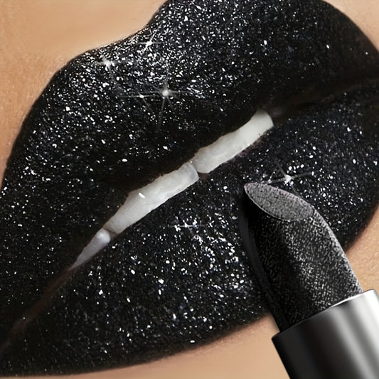 Black Sparkle Long-Lasting Lipstick - Shiny Pearlescent Finish, Moisturizing Paste Form, Universal Skin Compatibility, Lightweight ≤300g Perfect for Halloween & Christmas Gifts