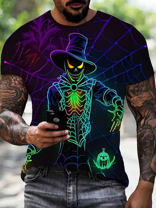 [Glow In Dark Halloween Tee] Glow In Dark Men's Halloween T-Shirt | Spider Web Monster Graphic Tee with Purple/Black/Teal Glow - Lightweight Knit Fabric, Regular Fit for Costume Parties, Casual Attire, Halloween Outfits, Part
