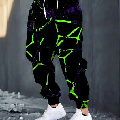 Men's 3D Neon Green Print Joggers - Black Casual Pants with Adjustable Drawstring Waist & Pockets, Regular Fit for Lounge, Gym, Casual Attire - Machine Washable, Adjustable Joggers | Trendy Joggers | Comfortable Fit