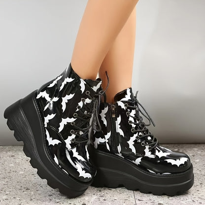 Women's Gothic Punk Chunky platform boots with metal eyelets & zip closure - Gothic rock style round-toe winter boots with thick PU sole, mid-heel lift, and chain-like straps - Heavy-duty synthetic Cover-like material for con